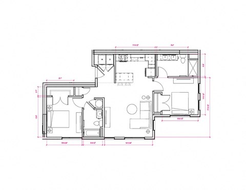 Floor plan for 2 beds, 2 baths, 879 sqft